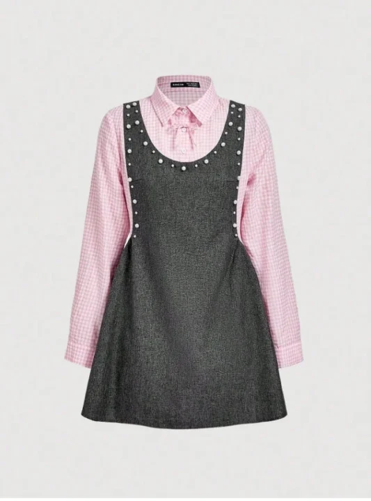 女性のピンクシャツ&グレータンクドレス、2in1ショートドレス