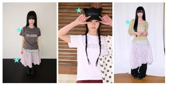 ファッション、モデル、若い女性、黒髪、前髪、カジュアル、ストリートファッション、Tシャツ、キャップ、スカート、パンツ、トートバッグ、猫耳、レイヤードスタイル、Y2Kファッション、グレー、白、ピンク、黒、緑