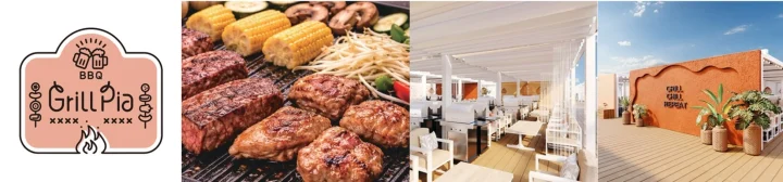 BBQレストラン「Grill Pia」のロゴ、焼かれた肉や野菜のグリル料理、そして開放的なテラス席の様子