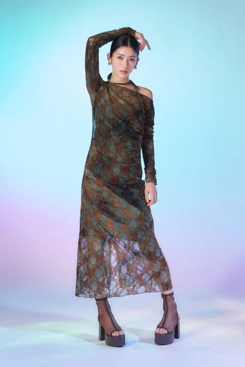 シアー素材のロングドレスの女性