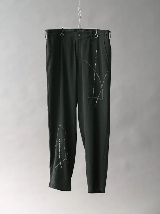 ひび割れ刺繍 ウエスト紐 脇ポケットパンツ