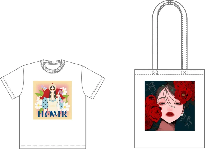 白いTシャツとトートバッグにプリントされたイラストレーションのモックアップ