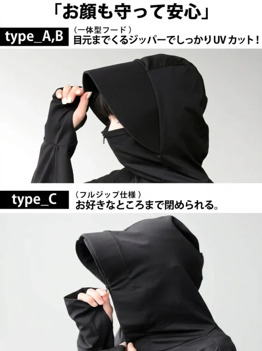 顔までしっかりカバーできるUVカットパーカー