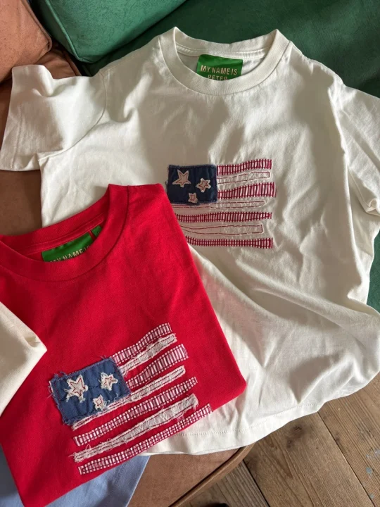 MY NAME IS PETER別注 (W) USA FLAG APPLIQUE T-SHIRTS