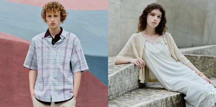 男性と女性のモデルがそれぞれ異なるファッションでポーズをとっています
