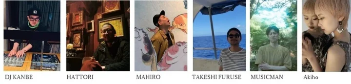 6人の人物のポートレートが横一列に並べられた画像。DJをする男性、バーにいる男性、魚の壁画と写る男性、船上の男性、屋外の男性、鏡越しの女性がそれぞれ写っており、名前が添えられている。