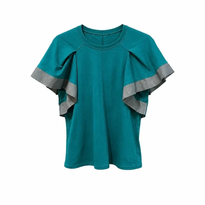 ティール色のラッフルスリーブ半袖Tシャツ