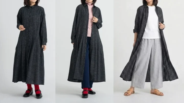 黒い柄物のロングシャツワンピースの着回しコーデ