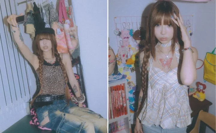 Y2Kファッションの若い女性が写る2枚の写真