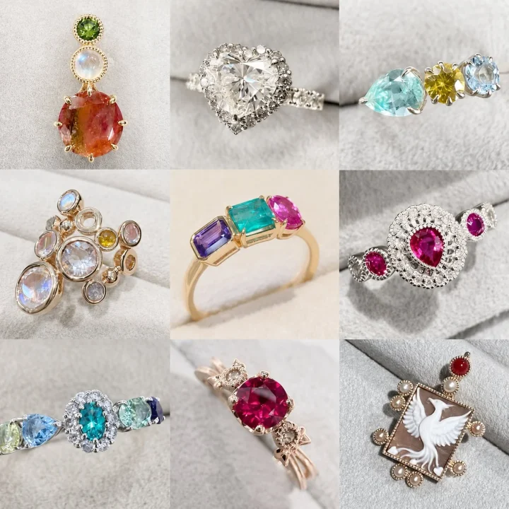 様々な色とデザインの宝石が散りばめられたリングやペンダント
