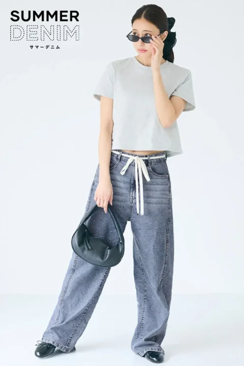 サマーデニム紐付きワイドパンツ