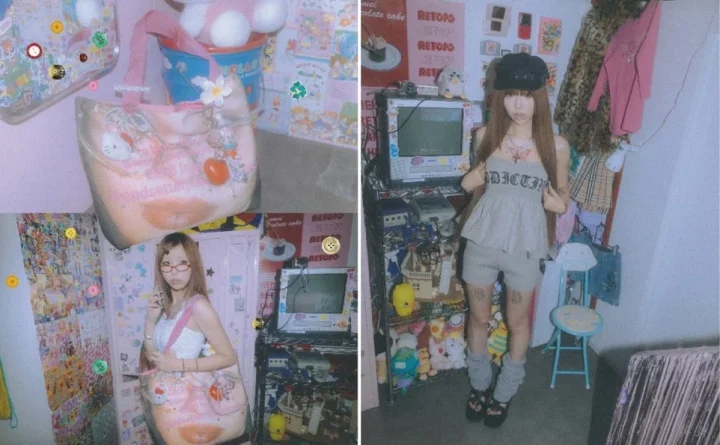 Y2Kファッションに身を包んだ若い女性たち、レトロなアイテムやポップカルチャーグッズで飾られた個性的な部屋