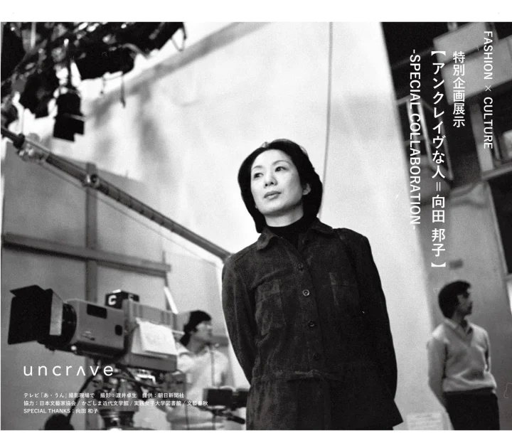 「アンクレイヴな人＝向田邦子」特別企画展示の告知画像。テレビドラマの撮影現場のようなモノクロ写真が使われている。