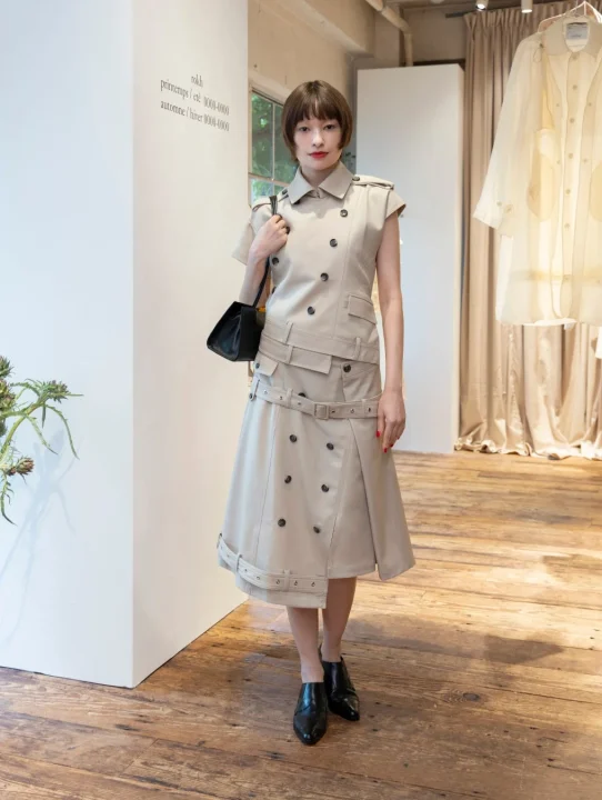 女性モデル、トレンチコート風セットアップ、展示会