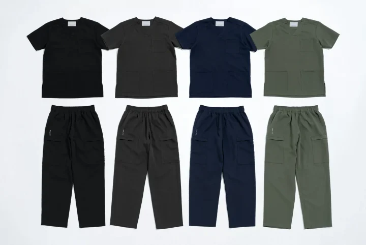4色のスクラブのトップスとパンツの平置き