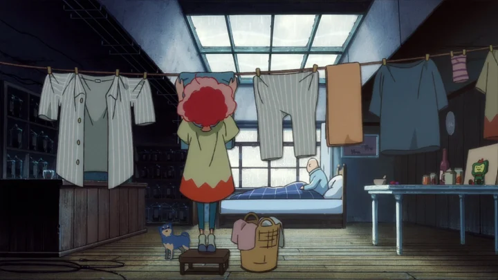 アニメ, 室内, 洗濯物, 部屋干し, 少女, 男性, 犬, ベッド, 日常, 生活, 家事, スカイライト, 雨, ファンタジー