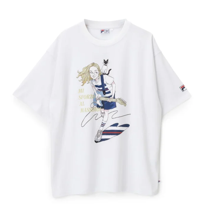 白いTシャツにギターを弾く少女と猫のイラスト