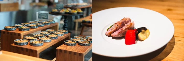 ビュッフェ形式の小皿料理が並ぶ様子と、白い皿に盛り付けられた肉料理