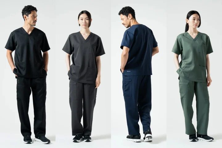 4色のスクラブを着用した男女モデル