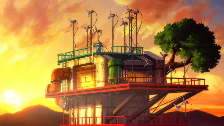 アニメ,夕焼け,風力発電,建物,木,自然エネルギー,未来,幻想的,産業,構造物,景色,居住地,ファンタジー