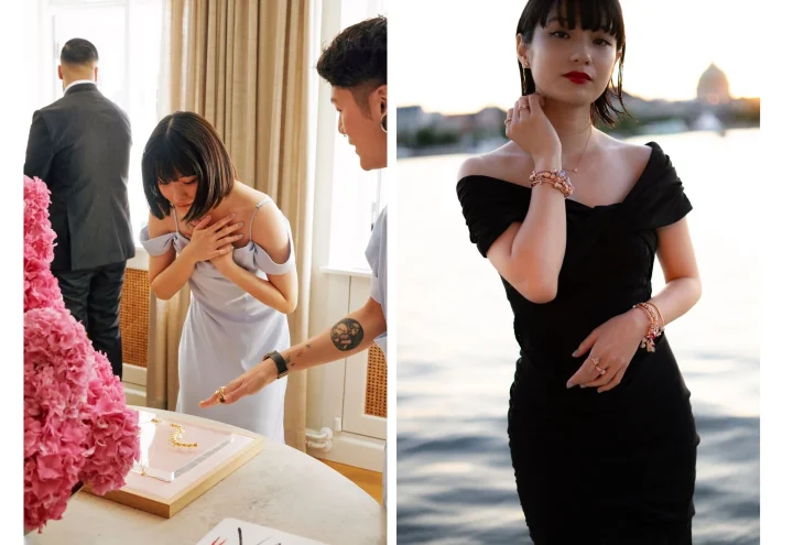 女性がジュエリーを受け取る様子と黒いドレスの女性