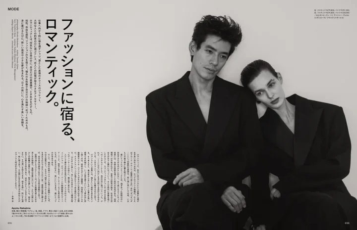 中島歩さんと女性モデルのモノクロファッションポートレート
