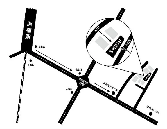 原宿駅と明治神宮前駅からSHEIN店舗へのアクセス地図