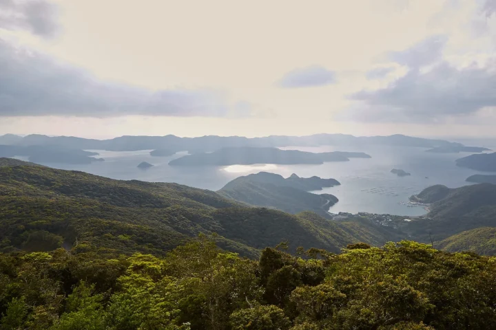 緑豊かな山々が連なり、多くの島々が点在する美しい湾のパノラマ風景です。