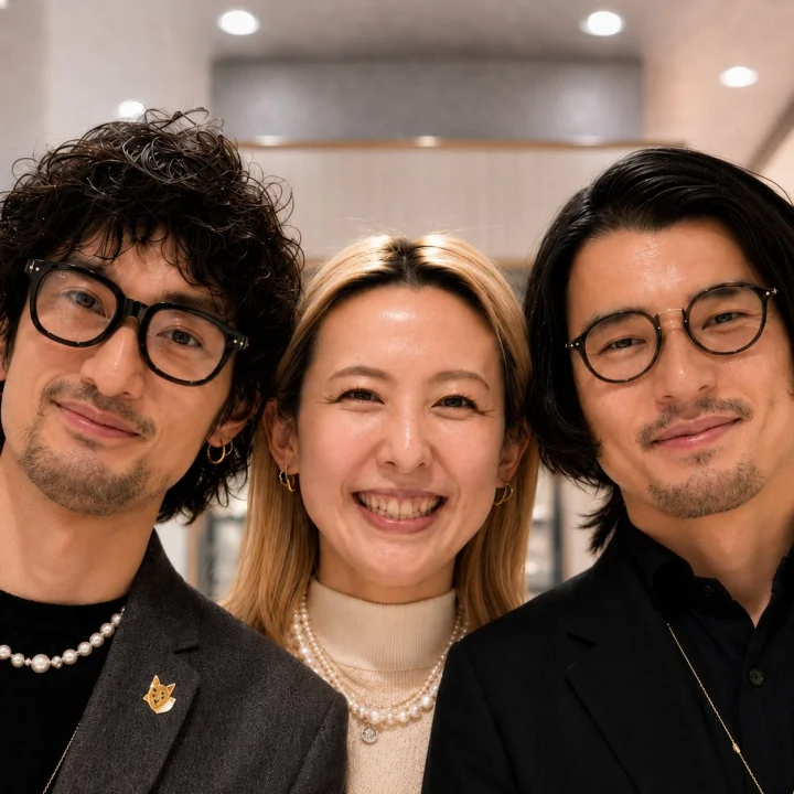 メガネと真珠のアクセサリーを身につけた3人の男女が笑顔を見せるポートレート