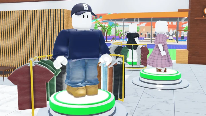 Roblox仮想空間の衣料品店でアバターが服を展示