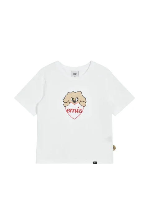 emisの犬キャラクターとハートロゴの白Tシャツ