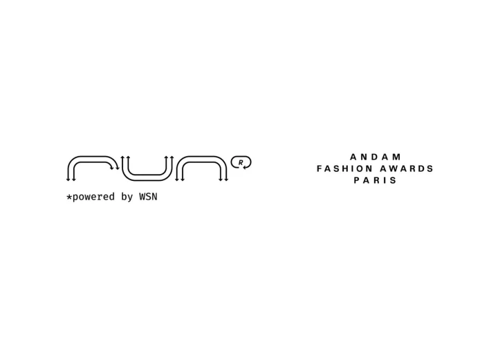 「ANDAM FASHION AWARDS PARIS」のロゴと、矢印でデザインされた「run」のロゴ、そして「*powered by WSN」のテキストが白背景に表示されています。
