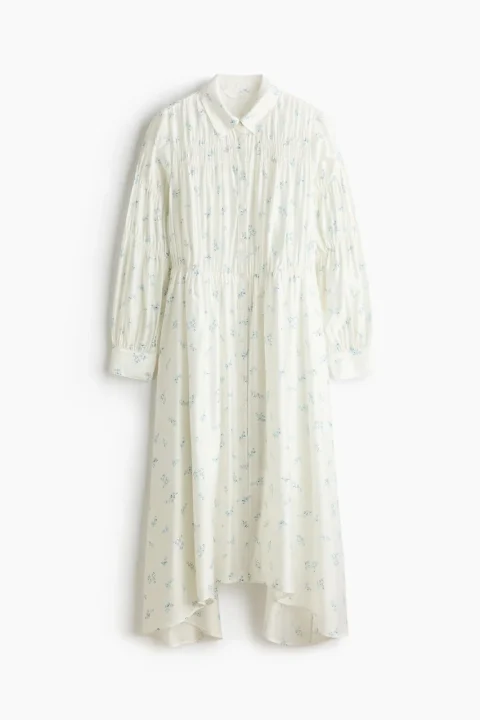 白青花柄シャツワンピース