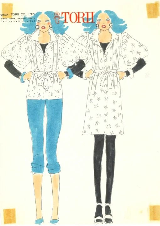 水色の髪の女性二人を描いたファッションデザイン画