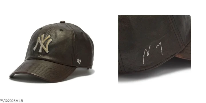 濃いブラウンのレザー製ベースボールキャップで、前面にはニューヨーク・ヤンキースの「NY」ロゴが刺繍されています。側面には「47」のロゴも見えます。