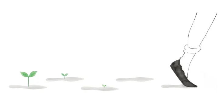 一歩踏み出す足元から小さな新芽が芽生えているイラスト