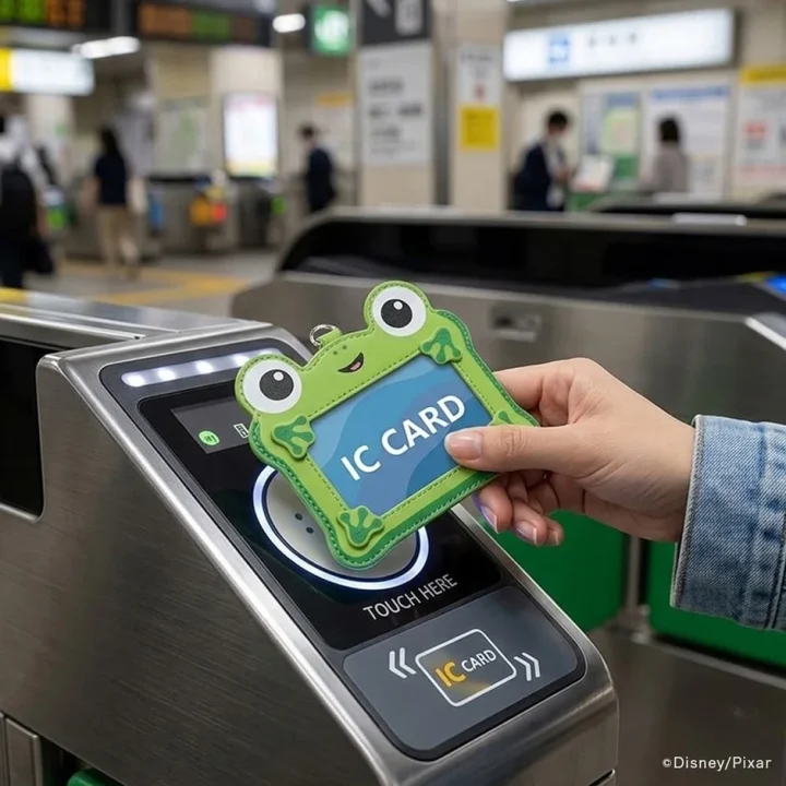改札でカエル型ICカードホルダーをタッチしている様子
